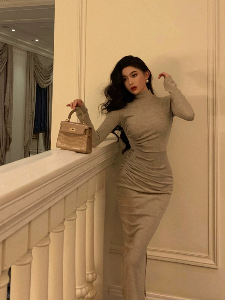 Gentle style long-sleeved knitted dress for women pleated party dress S5587