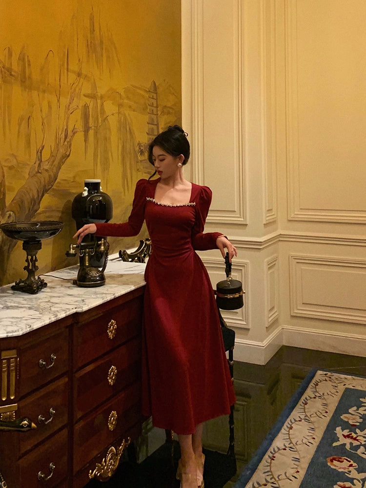 red square neck dress new retro long dress S5557