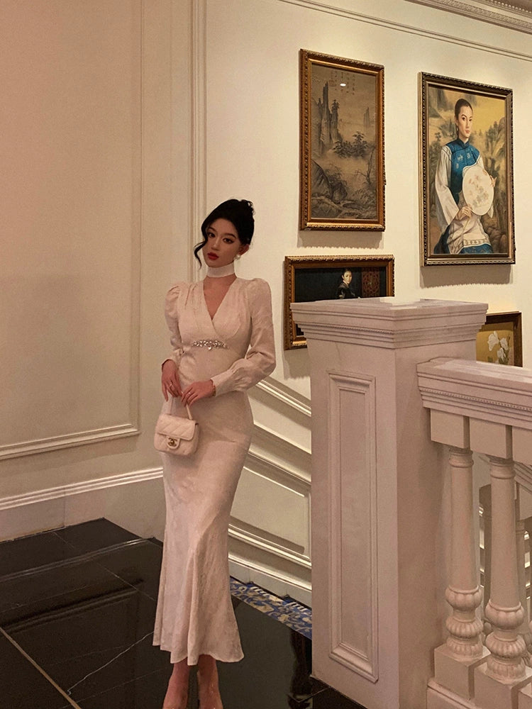 V-neck long-sleeved dress new style party dress S5564