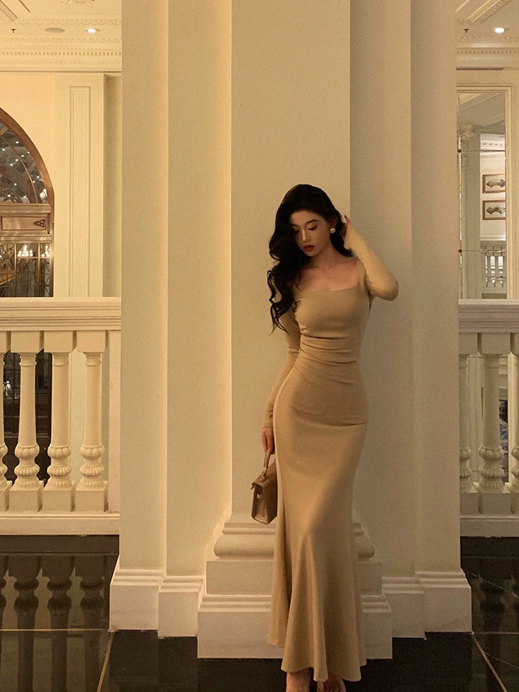 Gentle square neck long-sleeved dress party dress S5566