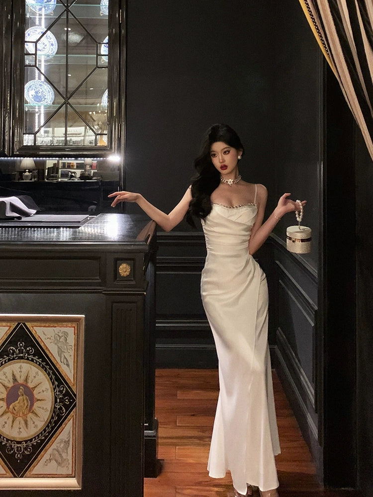 White pleated suspender dress new design party dress S5526