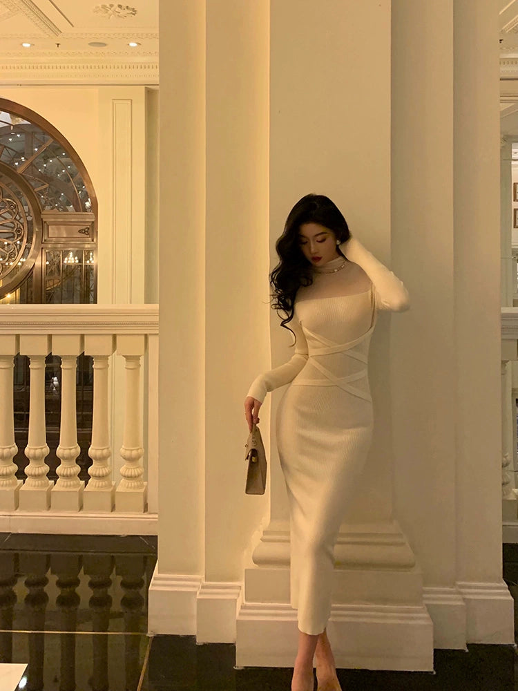 Knitted long-sleeved dress for women new style gentle long dress S5577