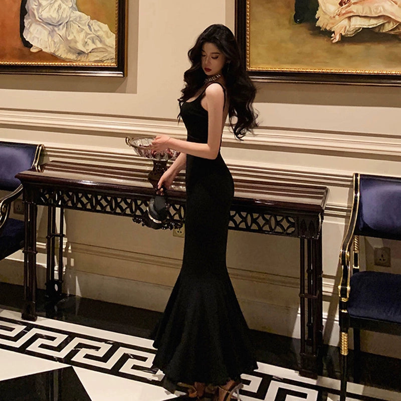 Black suspender mermaid dress summer new backless sexy long party dress S5574