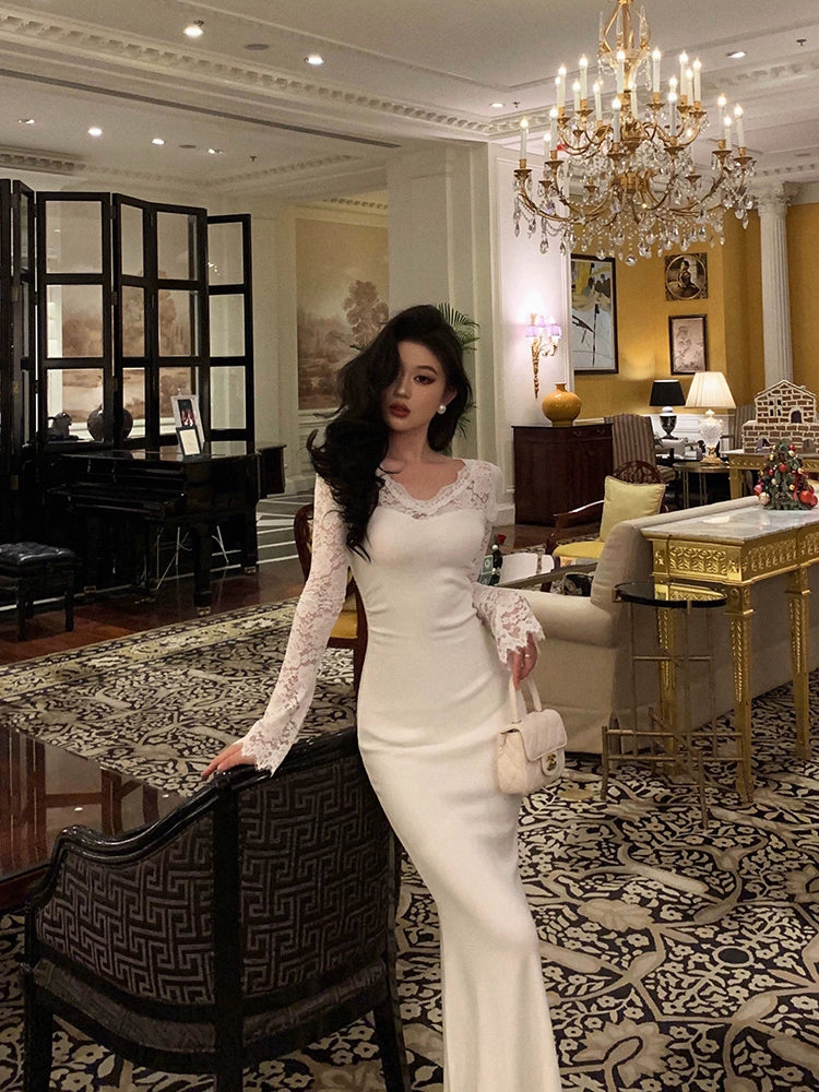 Lace splicing long-sleeved dress for women new style V-neck mermaid long dress S5550