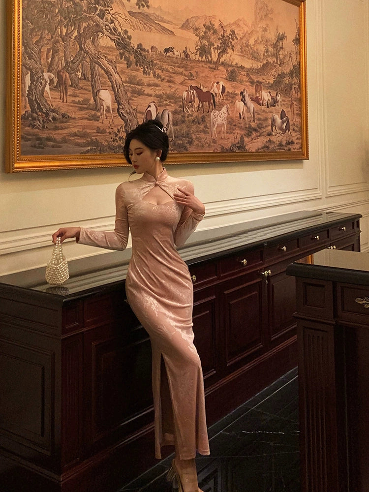 velvet cheongsam dress pink mermaid dress S5552