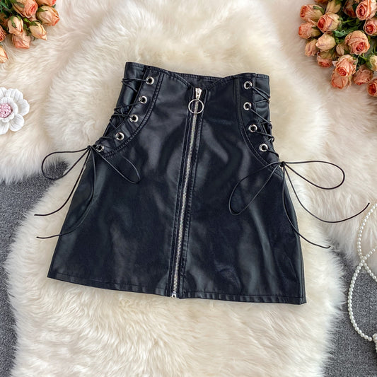 Black A line PU leather skirt     S492