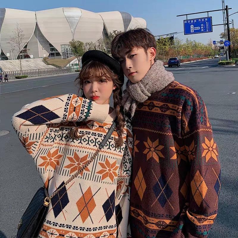 Cute round neck diamond long-sleeved sweater Couple sweater S256