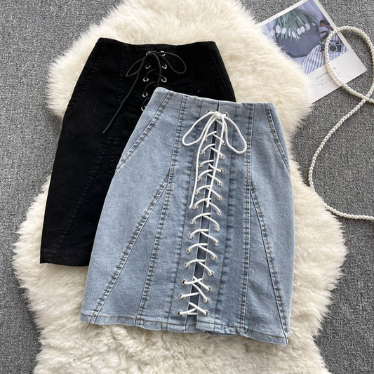 Stylish denim short skirt lace- up dress     S456
