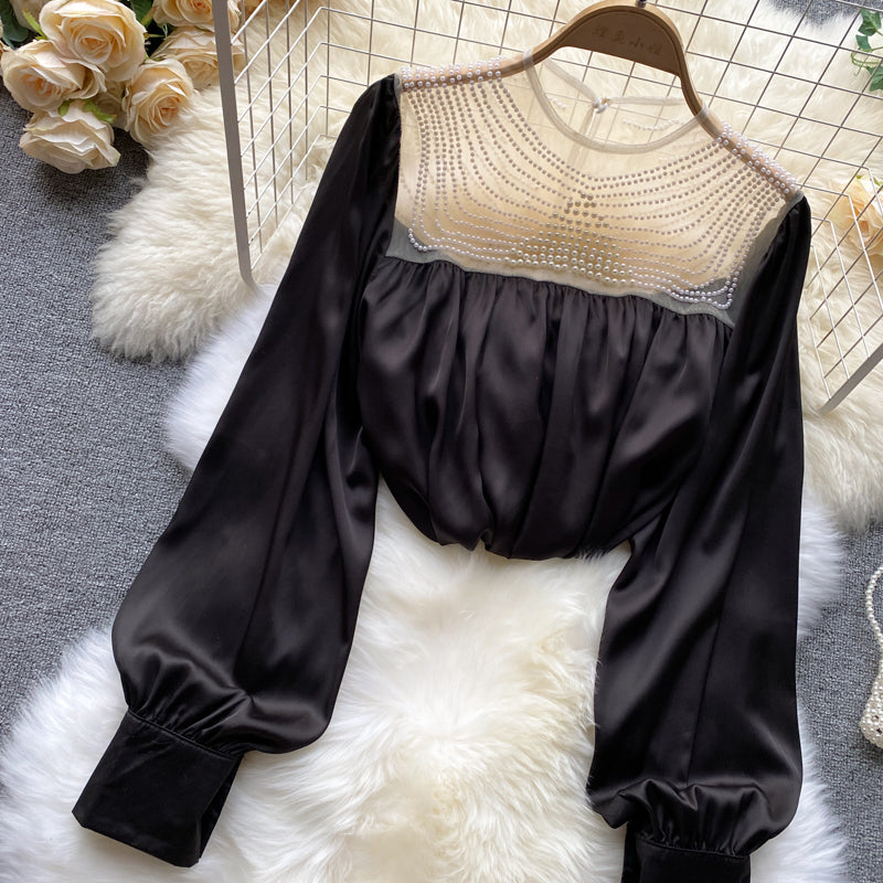 Cute satin see through long sleeve tops S533