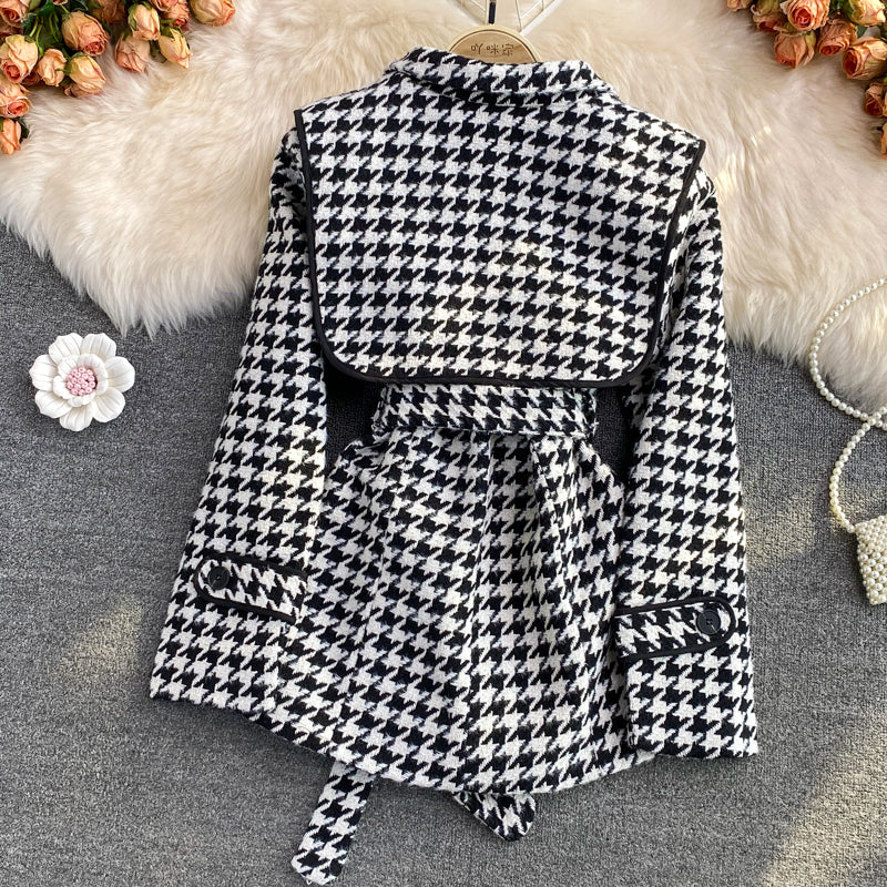 Stylish Houndstooth Long Sleeve Jacket S494