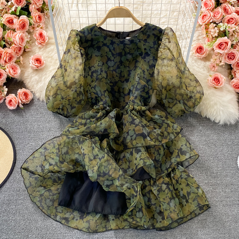 Cute tulle floral short dress green fashion dress S240