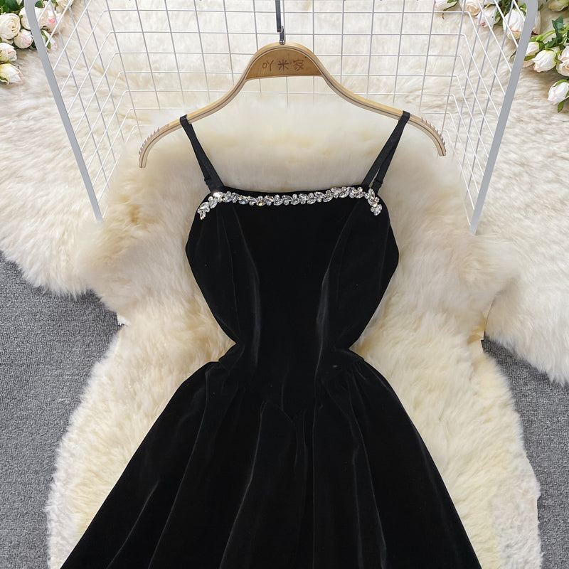 Black velvet short dress black fashion dress S477