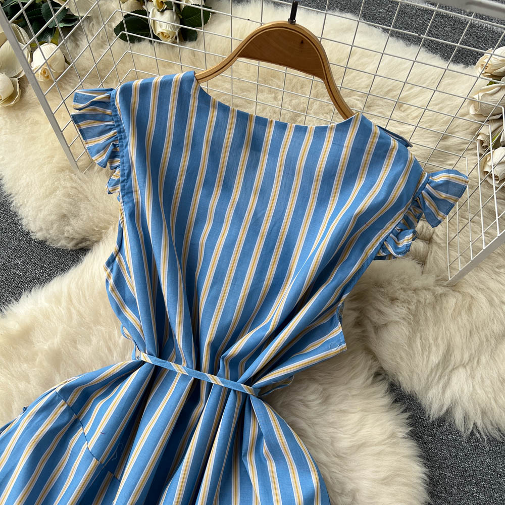 Cute V -neckline striped short dress S325