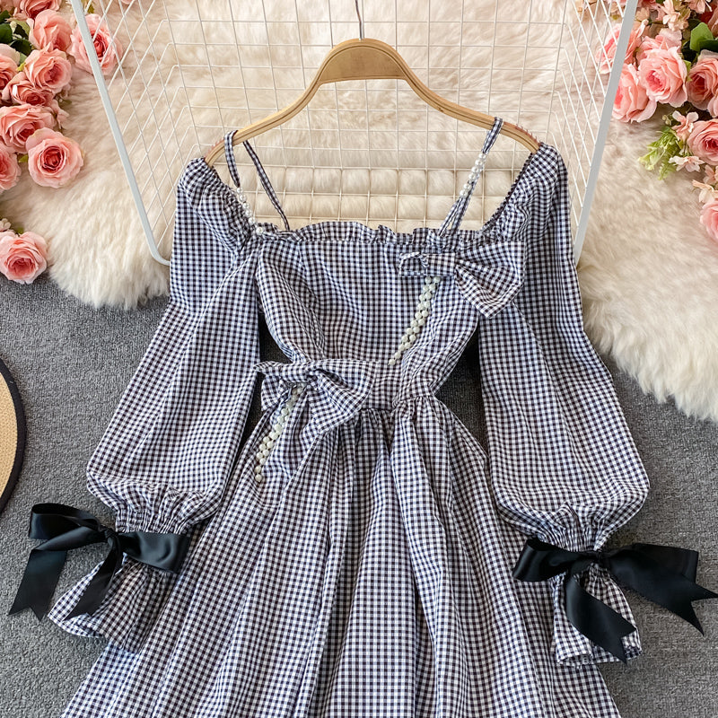 Cute checkered bow long sleeve dress fashion dress S250