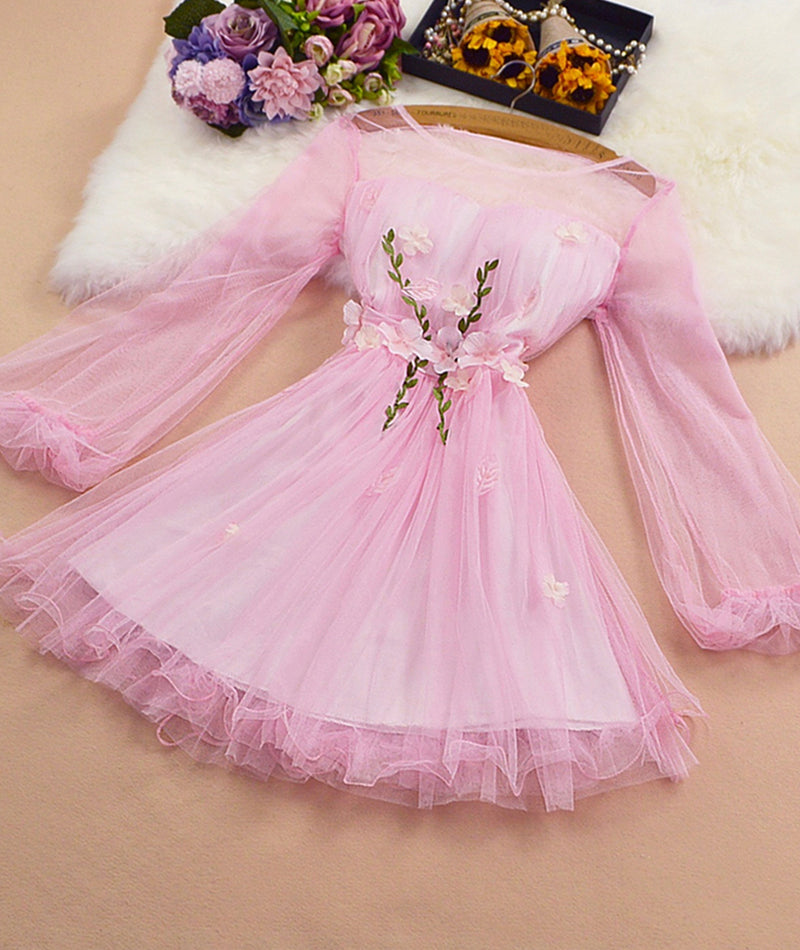 Mesh long sleeve tulle applique short dress party dress S85