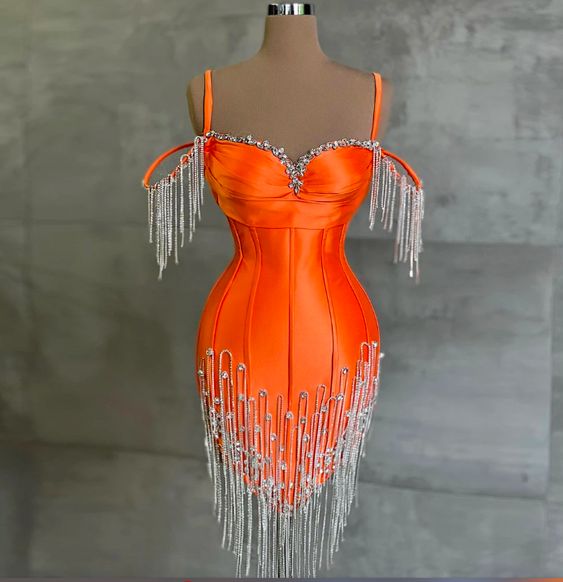 New Arrival Orange Short Prom Dresses Crystals Tassel Sweetheart Women Cocktail Party Evening Gowns Custom Made S2500
