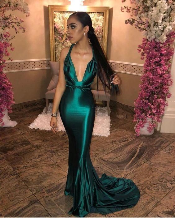 Deep V Neck Prom Dress, Satin Evening Gowns S2465