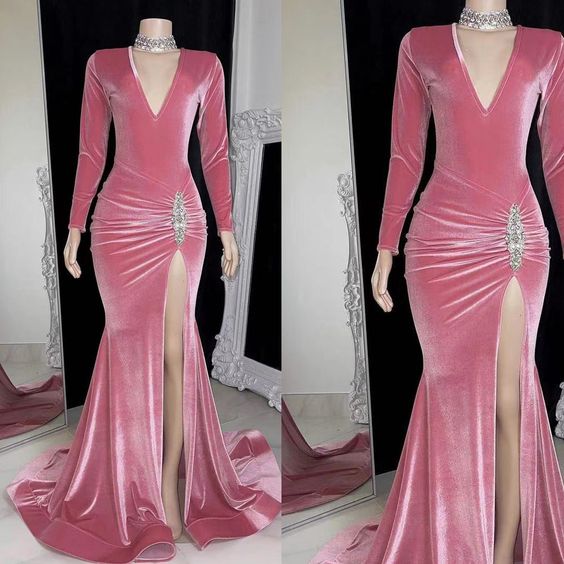 Velvet prom dresses, pleats prom dresses, long sleeve prom dresses, pink prom dresses S2456
