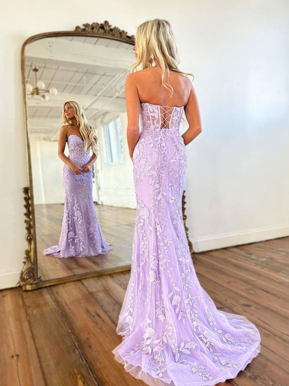 Mermaid Sweetheart Neck Lace Purple Long Prom Dress, Purple Formal Dress S2460