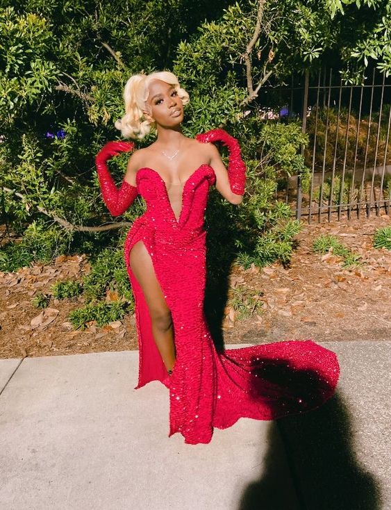 Sexy Mermaid Red Sequined Prom Dress With Slit S2476