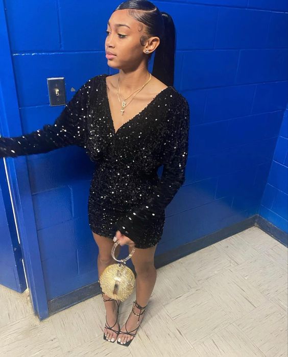 Birthday Outfit Dress For Black Girls,Short Homecoming Dresses,Black Sequins Party Dress S2492