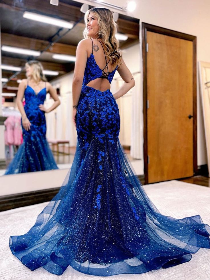 Dark Blue Mermaid Long Prom Dresses, Blue Lace Long Evening Dress S2495