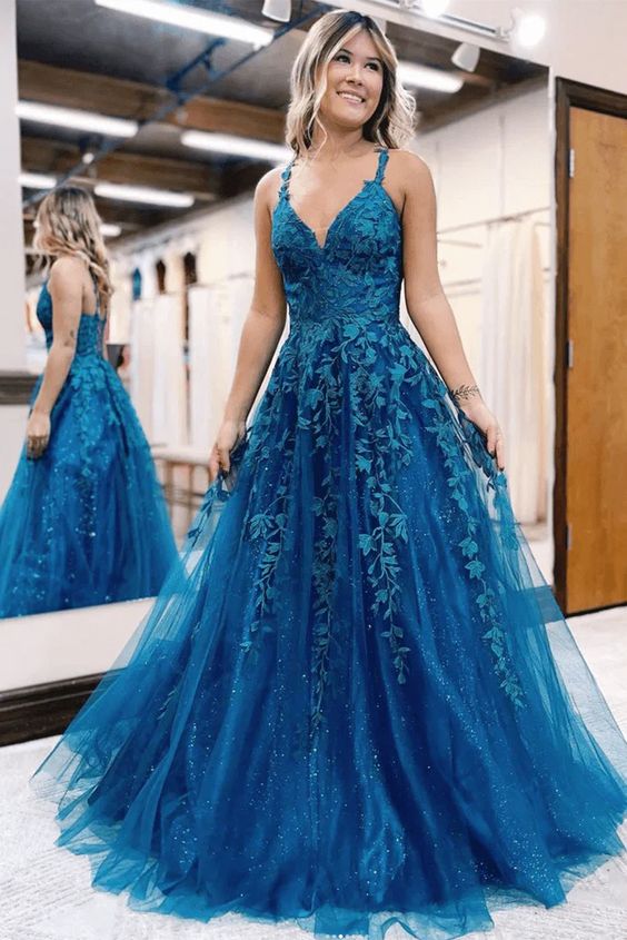 Long Blue Lace Prom Dresses V Neck Formal Evening Dresses Open Back S2464