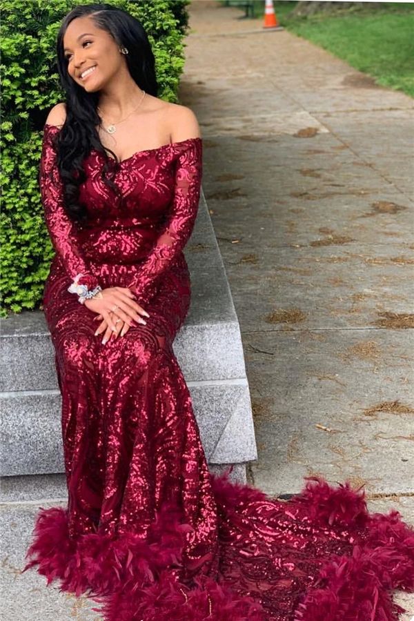 Off The Shoulder Burgundy Prom Dresses with Feather | Long Sleeve Sparkle Lace Mermaid Evening Gowns S2490