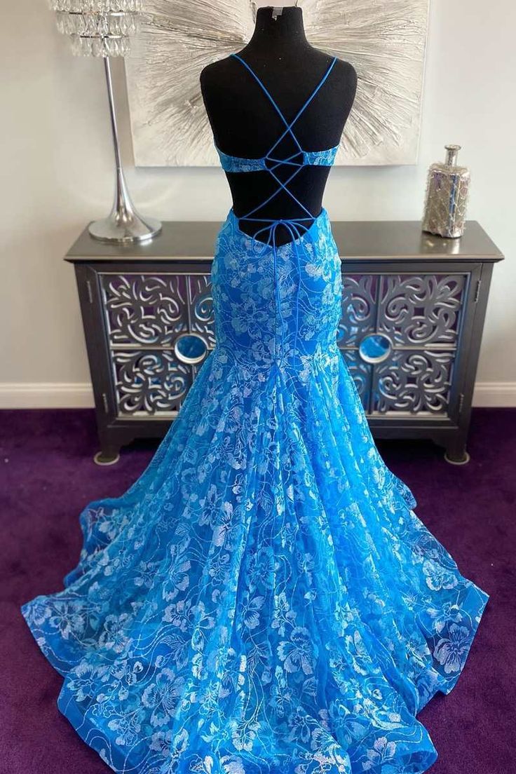 Blue Floral Lace Backless Trumpet Long Prom Gown S2497