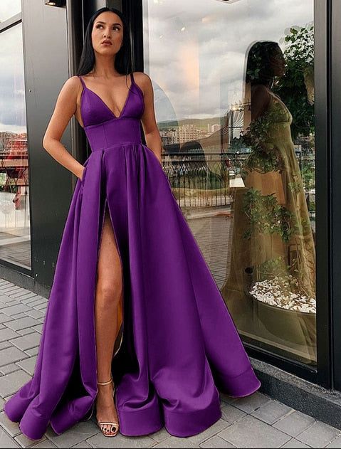 Graduation Prom Elegant Women Sexy Spaghetti V-neck Evening Dress Split S2121