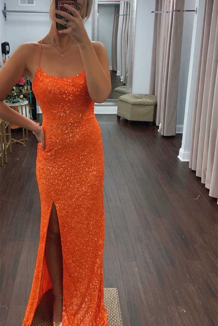 Glitter Orange Sequins Long Prom dress with Slit S2426