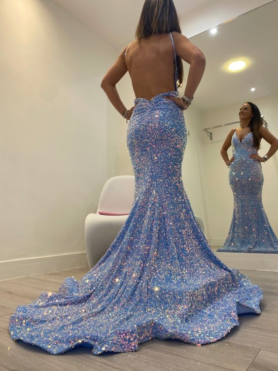 2023 Sheath Sequins Sleeveless Sweep Train Prom Dresses S2448