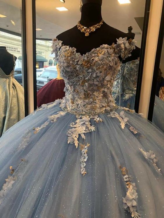 Sky Blue A-line Tulle Ball Gown Puffy Sweet 16 Dress 3D Flowers Birthday Dress S2336