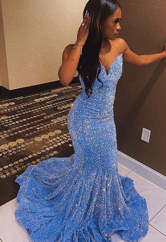 2023 Sheath Sequins Sweetheart Sleeveless Sweep Train Prom Dresses S2444