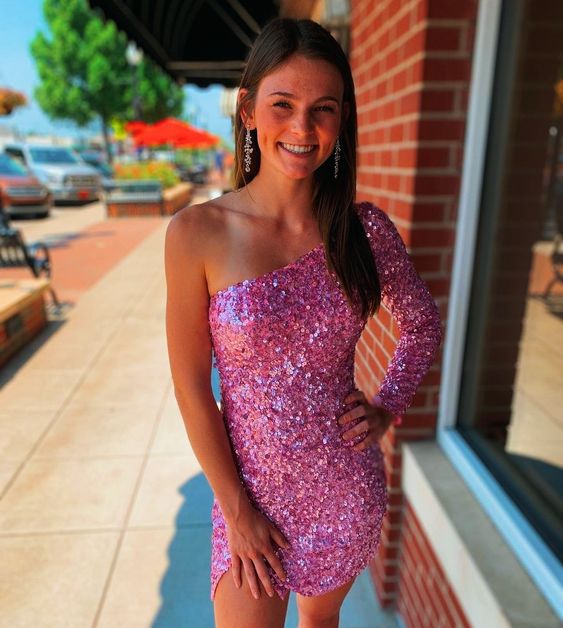 Fashion Pink Sequin Short Prom Dresses, Sexy Evening Dress S2343