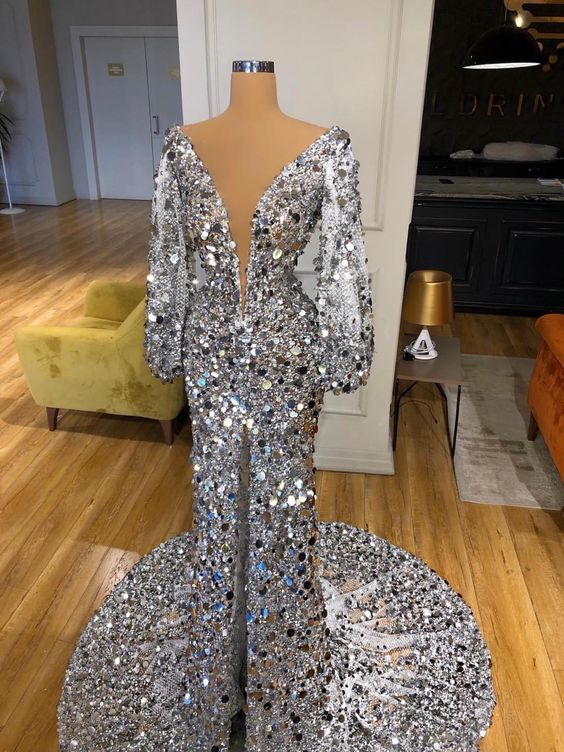 Mermaid Long Sleeevs Deep V Neck Prom Dresses Formal Evening Dresses S2419