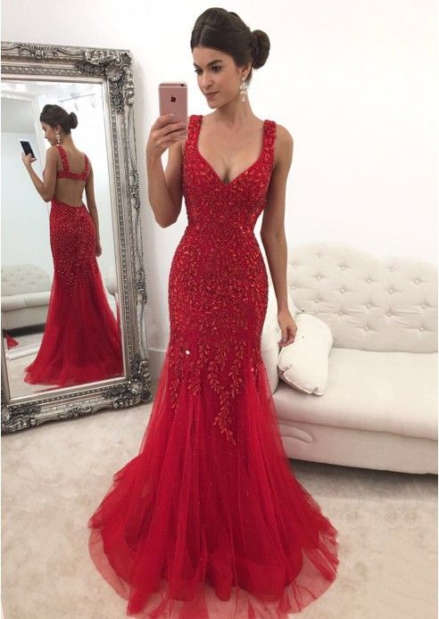 Red Sleeveless V-Neck Prom Dresses Women Dresses,Applique Tulle Backless Evening Dress S2399