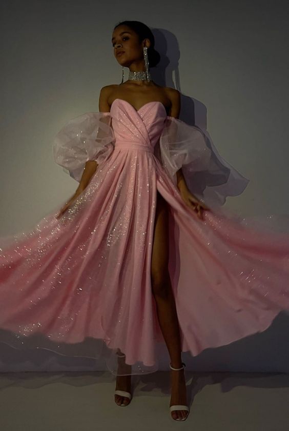 A line Pink Shinny Prom Dresses S1294