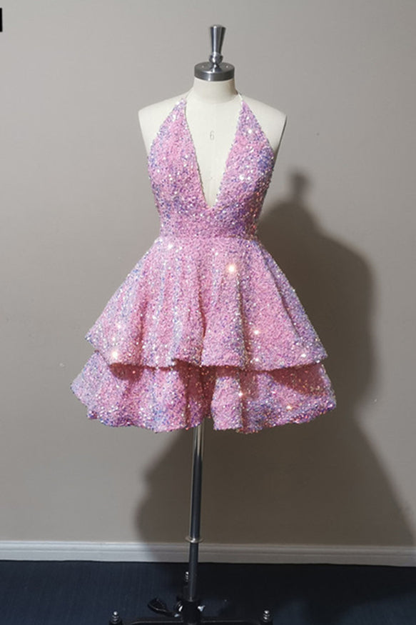 Tiered Halter Sequined Short Homecoming Dress S2236