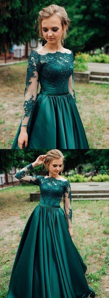 Green Satin Long Sleeve Lace Prom Dress, Green Lace Formal Dress S696