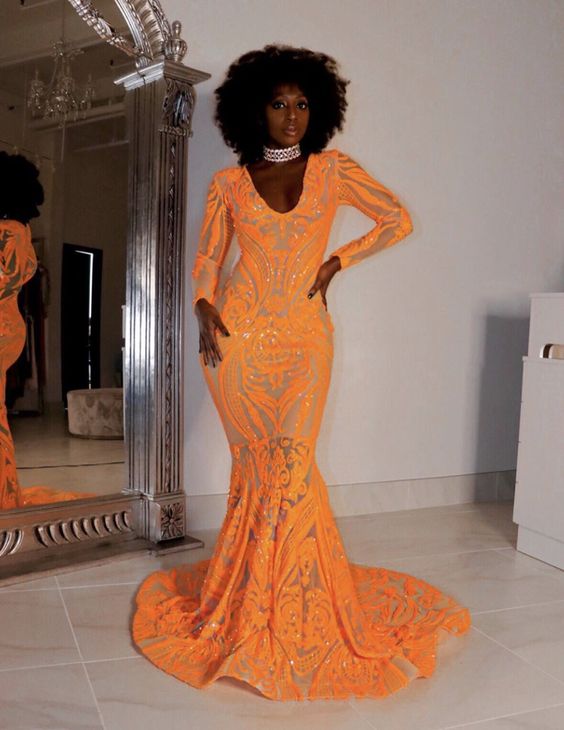 Orange mermaid prom dress long evening dress S2049