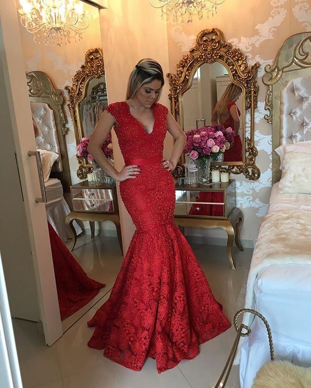 Mermaid/Trumpet Red Lace Prom Dresses S1964