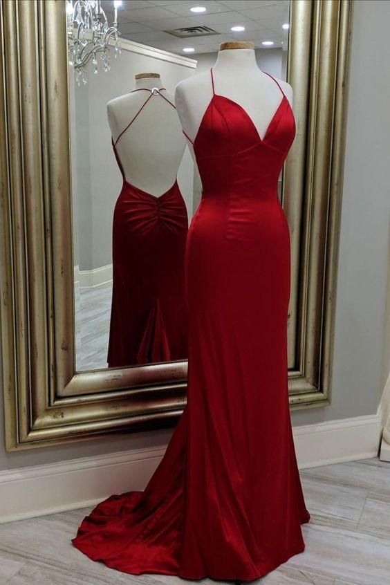 mermaid red long evening dress formal dress with open back prom dress S788