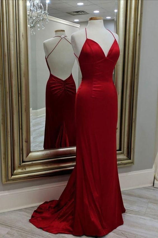mermaid red long evening dress formal dress with open back prom dress      S788