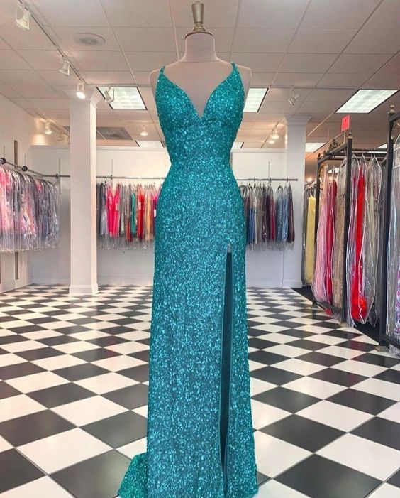 Sequin Long Formal Dress, V Neck Prom Dresses S1063