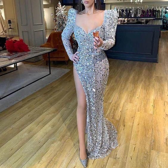 Women sexy U-neck long sleeve mopped split dress S2108