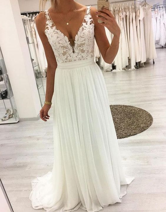 White v neck lace chiffon long prom dress, white lace evening dress S1617