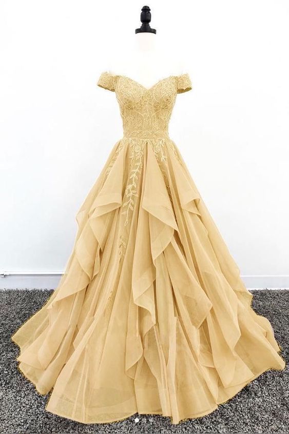 YELLOW DRESSES OFF SHOULDER LACE UP BACK SWEEP TRAIN APPLIQUES S1810