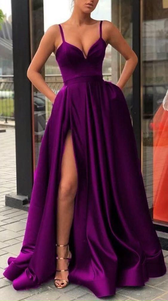 Satin Long Prom Dresses,Spaghetti Straps Party Dresses,Split Evening Gown S658