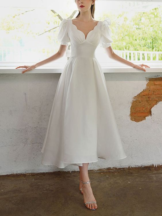 White V Neck Short Prom Dress, White Bridesmaid Dress S2187